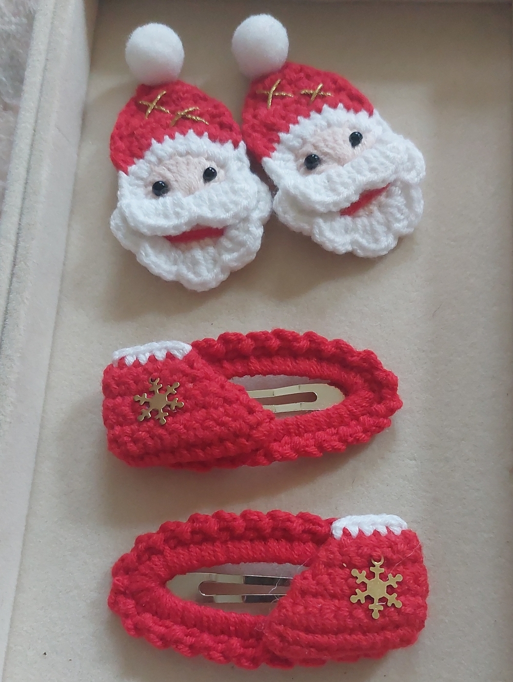 Handmade Crochet Christmas Hair Clip Set • Santa & Festive Red Boots Stockings